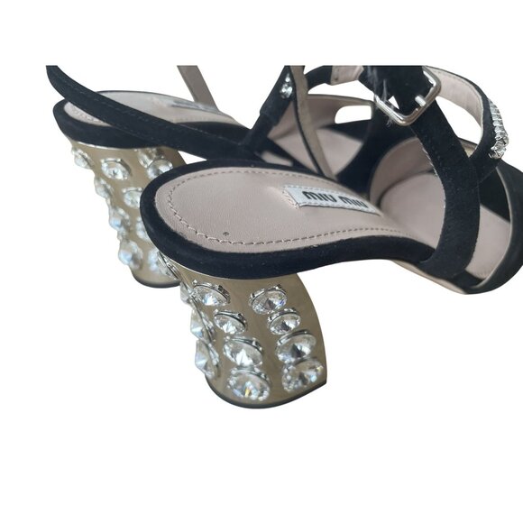 Miu Miu Black Suede Heels With Rhinestone Detail & Crystal Studded Block Heel Wo - Picture 3 of 10
